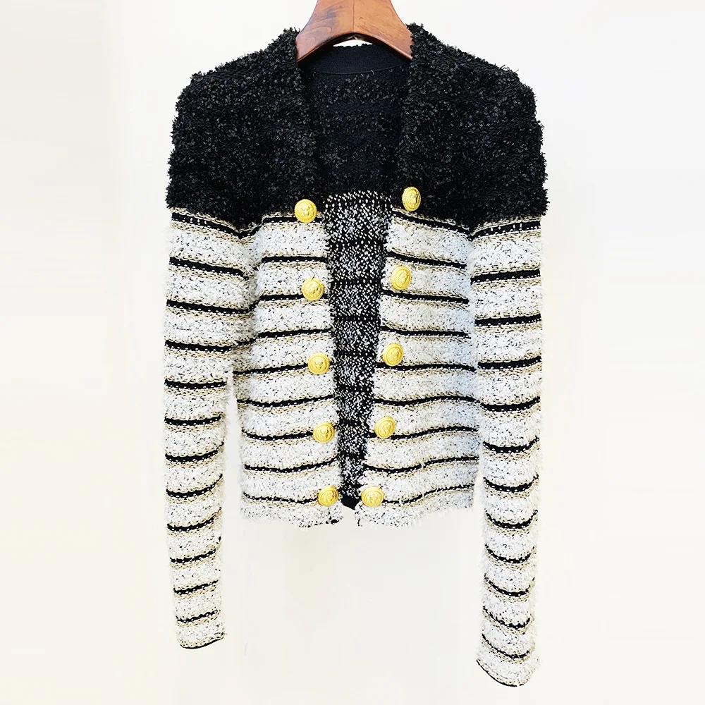 Wholesale In Stock Fashion Elegant Lion Buttons Color Block Striped Knit Winter 2 Pieces Set Women Clothing