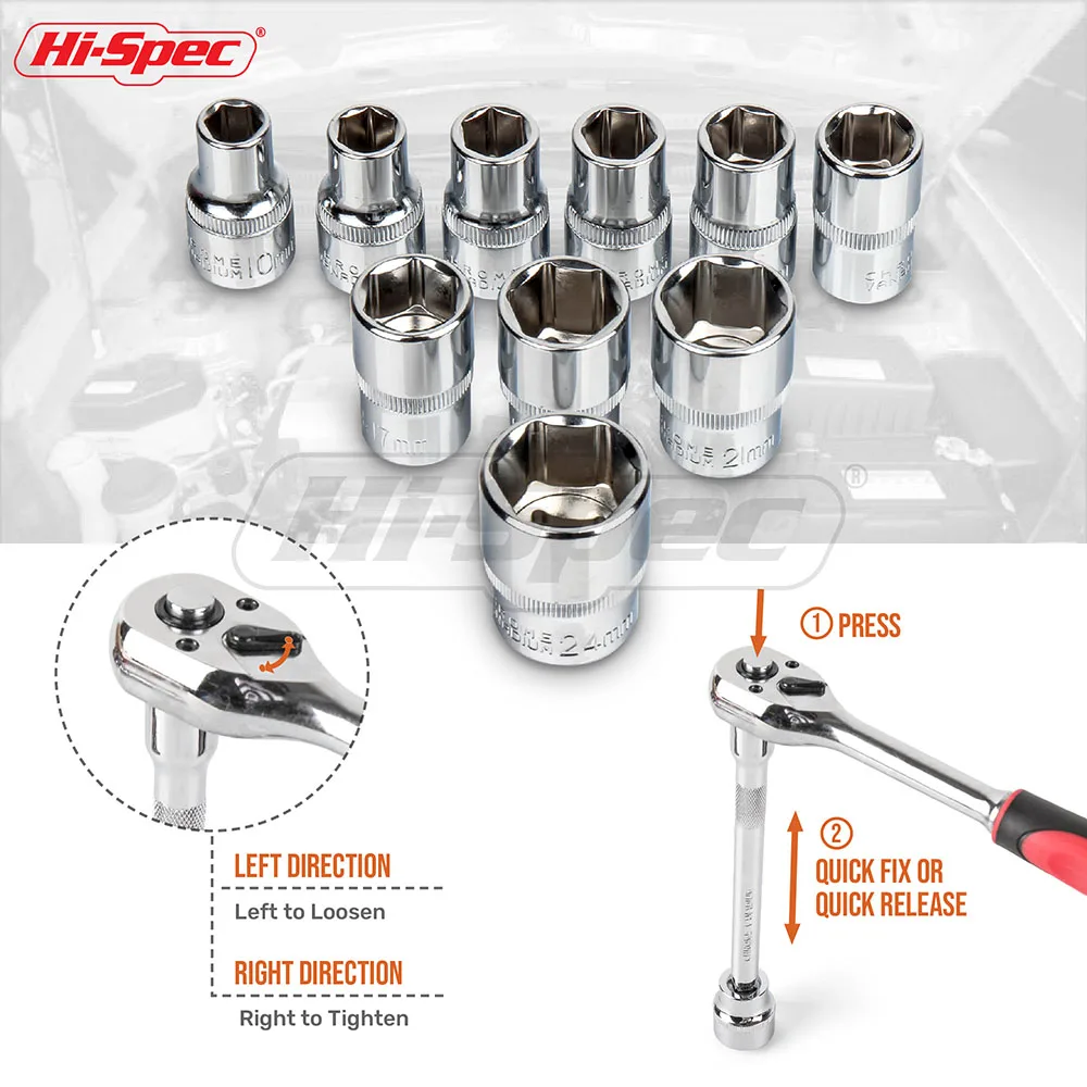 12pc 3/8 CrV Metric Small Socket Tool Kit Set. Ratchet Wrench Handle, 8 - 21mm Sockets & Extension Bar on Rail Holder. OEM Ready