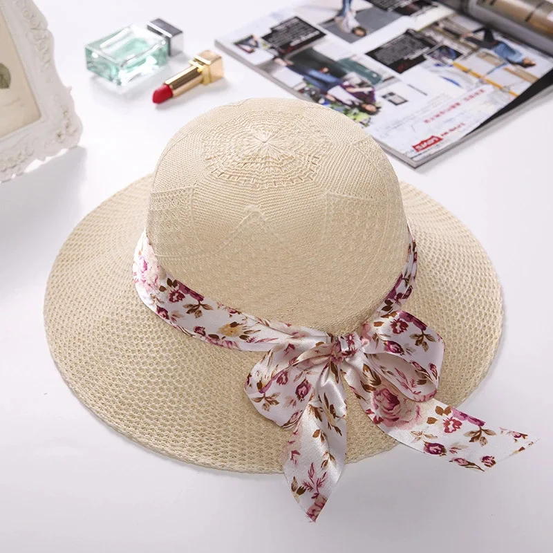 wholesale female summer outdoor sun hat raffia straw hat large brim summer straw hat for women with ribbon