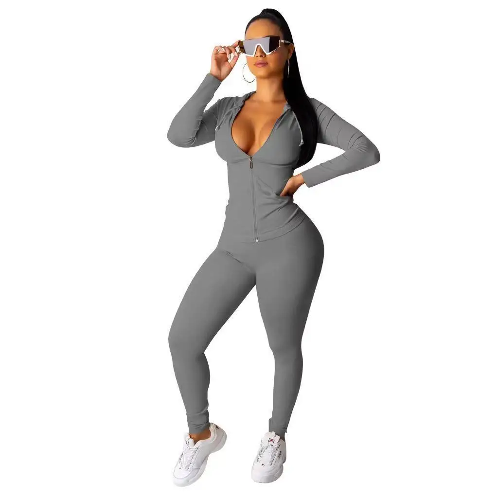 
2021 New Arrivals Plus Size Women Hooded Drawstring Long Sleeve Jacket Slim Pants 2 Pieces Set Solid Outfits Fitness Tracksuit 