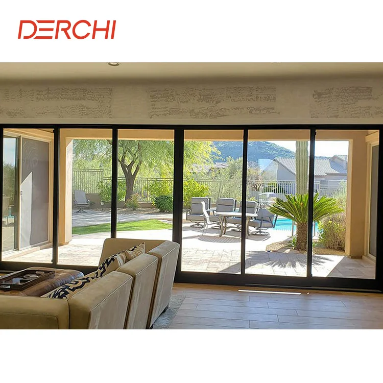 DERCHI AS2047 NFRC Hurricane Proof Bulletproof Impact 4 Tracks Large Balcony Sliding Glass Door Patio Aluminum Sliding Doors