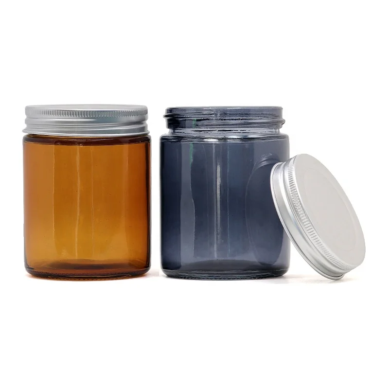 8 oz 120g Transparent Amber Glossy Grey Glass Mason Candle Jar with Screw Tin Lid Cylinder Type