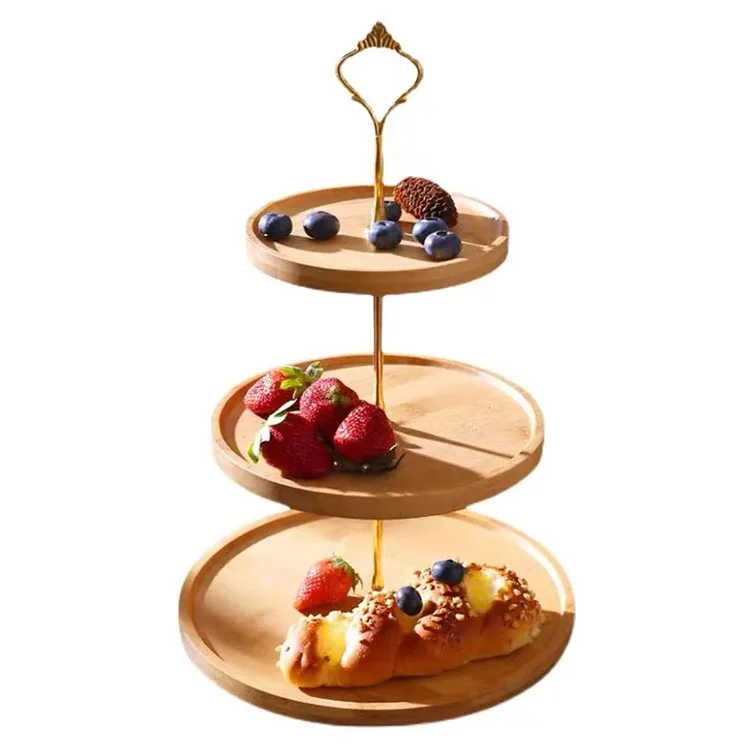3 Tier Round Shape Tiered Tray Decorative Bamboo Food Serving Tray For Fruit Cake (1600384586453)