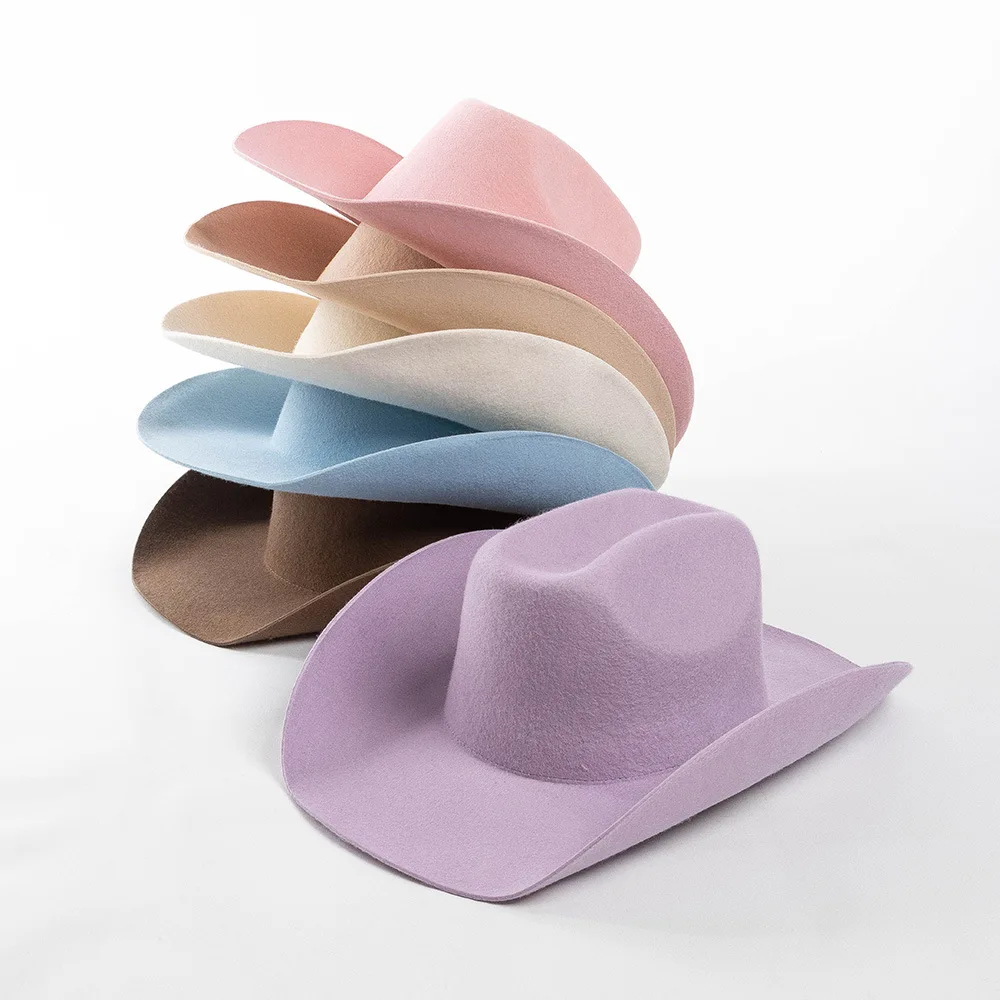 Ridge Style Cowboy hats Western Vintage Fedora Hats 100% Wool Felt Women Lady Chapeau Classic Warm concave jazz hat with Hatband