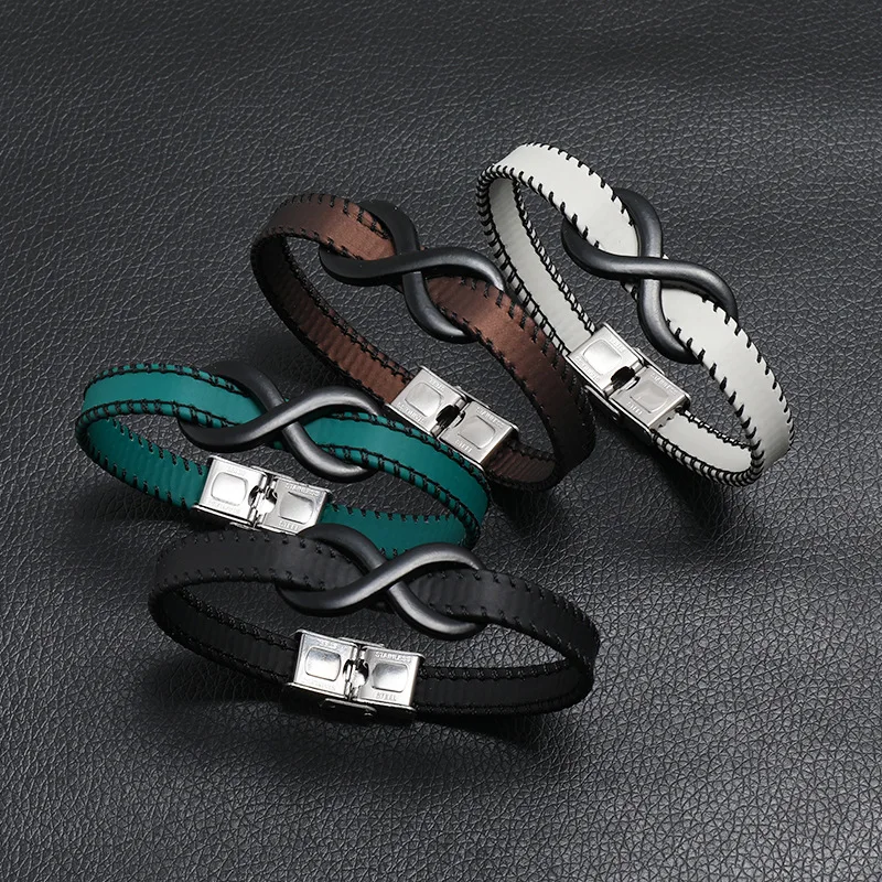 Fashion Newest Men Bracelet Punk Black Brown Braided Leather Bracelet Stainless Steel Infinite Bracelet For Men Jewelry
