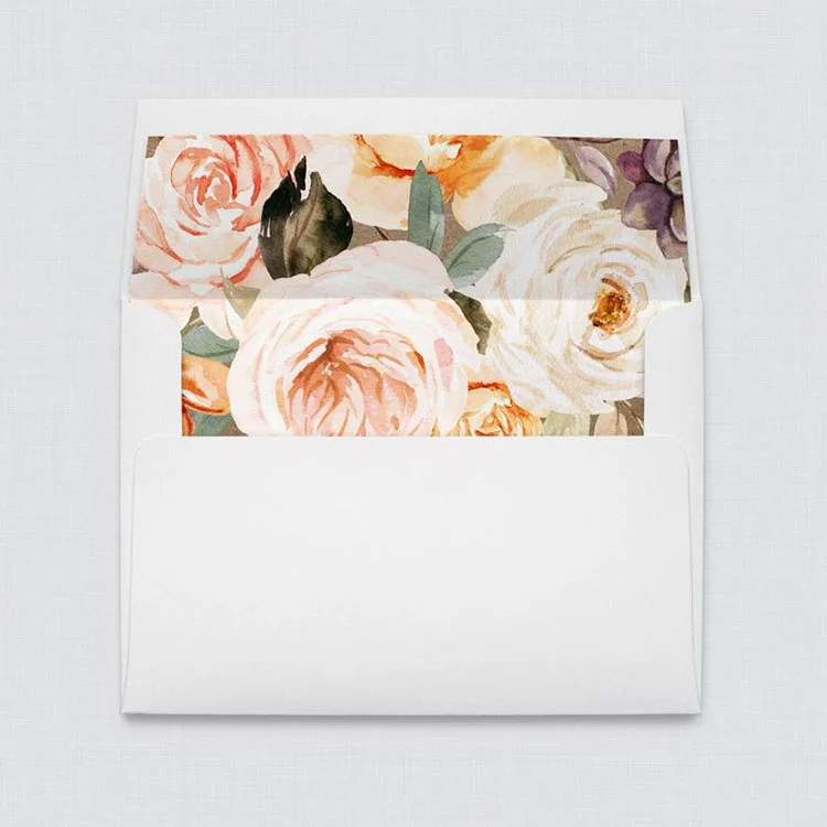 Белые конверты A7 с оранжевыми, розовыми, кремовыми, цветочными вкладышами и крафтовым фоном, свадебные конверты с деревенскими осенними цветами