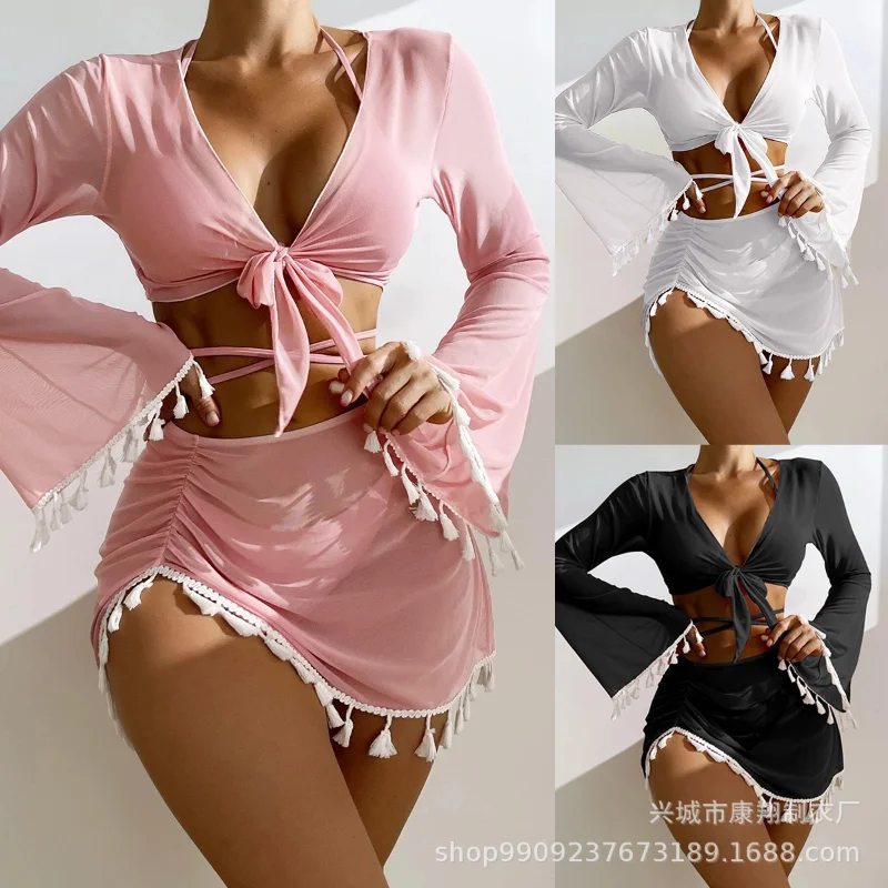 2023 Four Piece Swimsuit Sets with Cover Ups Fringed Bikini Swimwear Women Sexy Bikini Crop Top Bathing Suits for Women