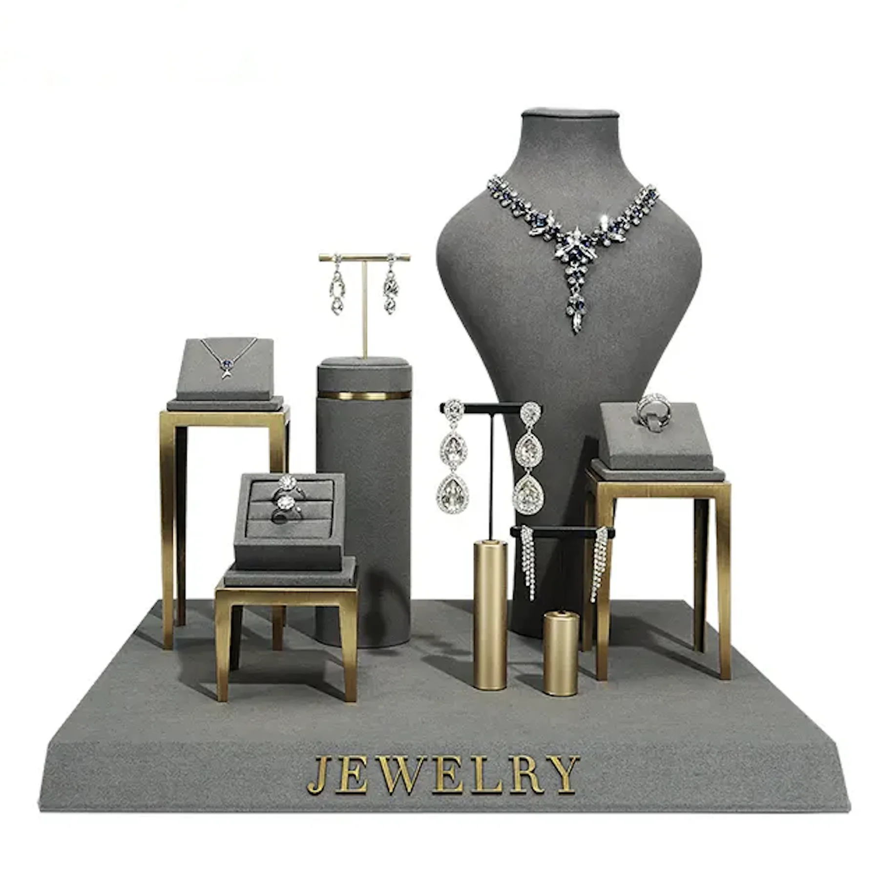 VANLOCY Modern Grey Microfiber PU Jewelry Display Stand Set Includes Earring Ring and Necklace Window Props ODM Supply Type