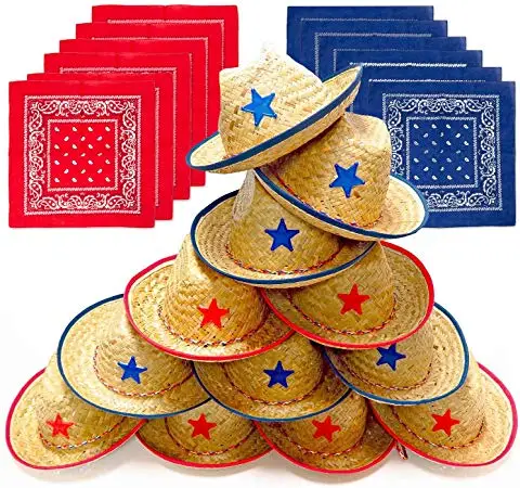 Party Favors Red Blue Sheriff Badge Cowboy Straw Hats With Plastic Star Cowboy Bandannas