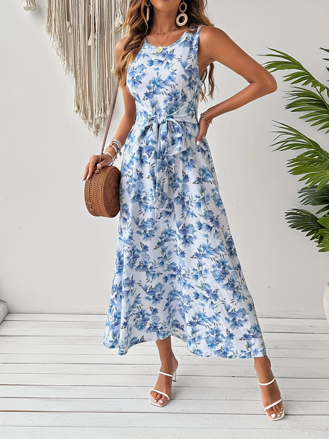 Latest custom dinner dresses for ladies and elegant floral printed midi dress with round neck and sleeveless for women