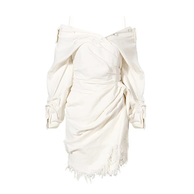Summer new slim dress irregular fringed off-the-shoulder washable ripped pleated denim skirt