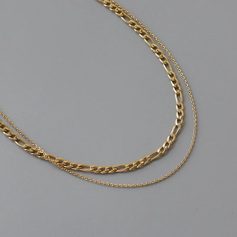 Double Figaro Chain Layered Stainless Steel Necklace 18K Gold Plated Tarnish Free Waterproof Jewelry
