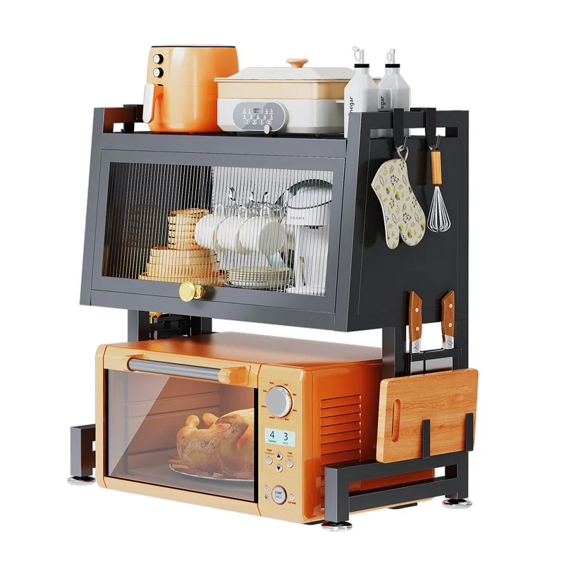 Two-layer Microwave Oven Rack Metal Kitchen Storage Cabinet with Door for Countertop Pot and Electrical Oven Storage Rack Double