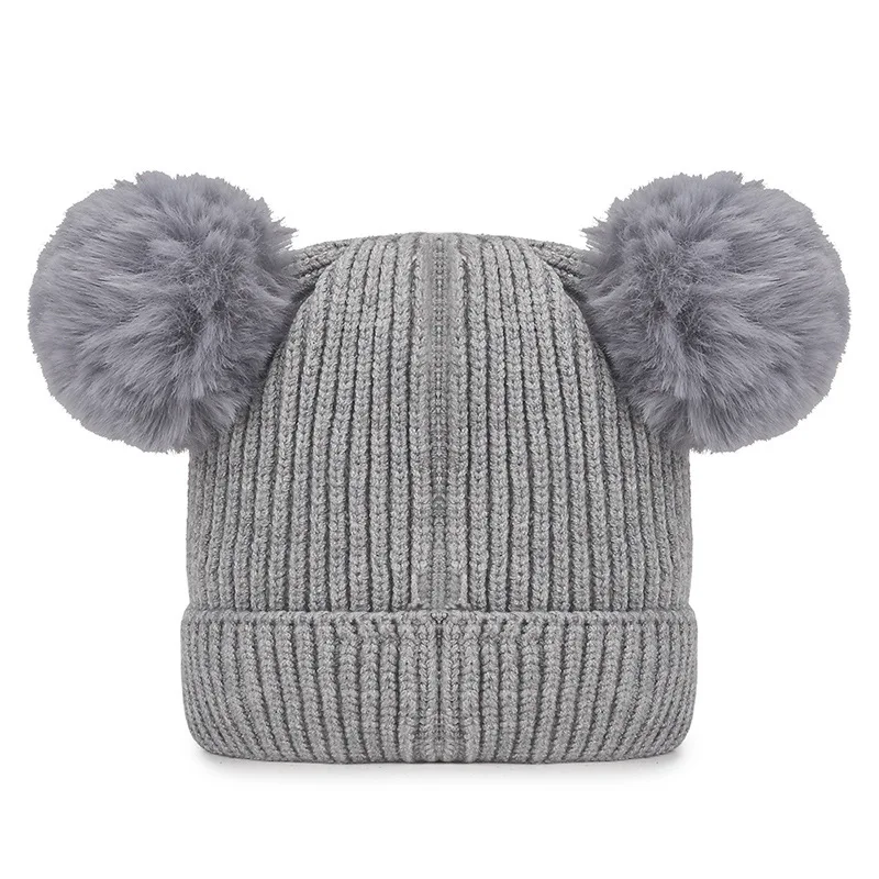 Winter Stripe Cashmere Rabbit Fur Plush Soft Thicken Wool Chunky Warm Beer Cute Pom Pom Skullies Beanie Knitted Hat For Kids