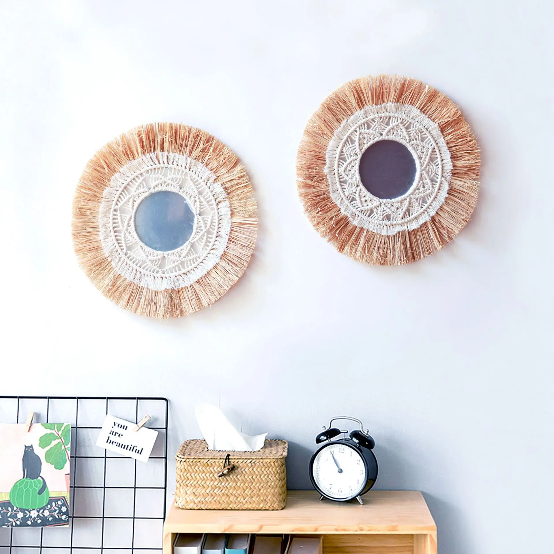 Amazon Hot Sell Hanging tapestry woven Macrame Mirror wall decorative barber shop framed mirrors