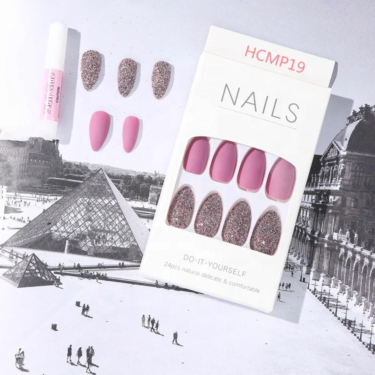 High Quality Almond tip Coffin Solid Color Glitter nail press on stick on nails acrylic