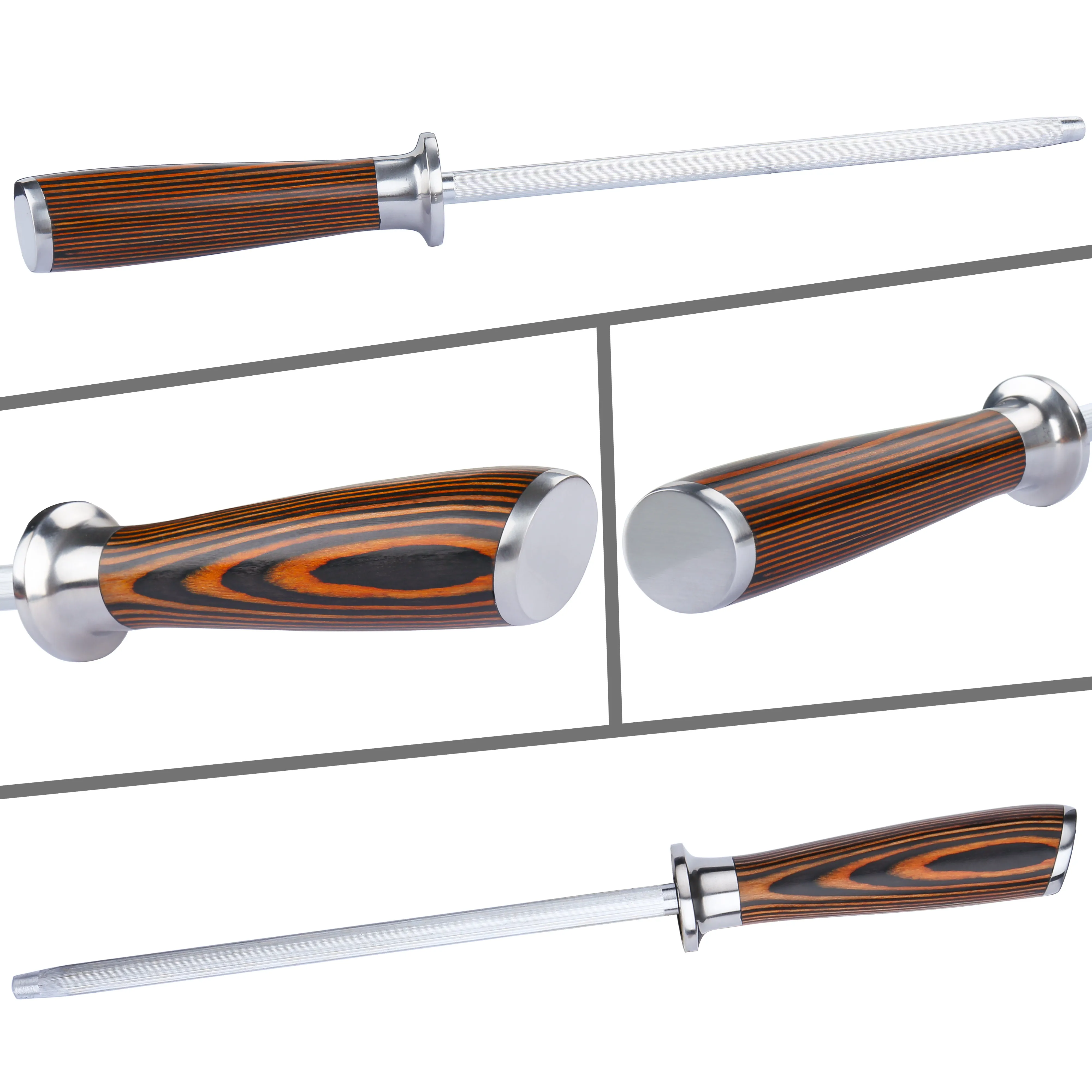 OEM New Style  Stainless Steel  8 Inch Knife Sharpening Rod With Black or Brown Pakka Wood Handle