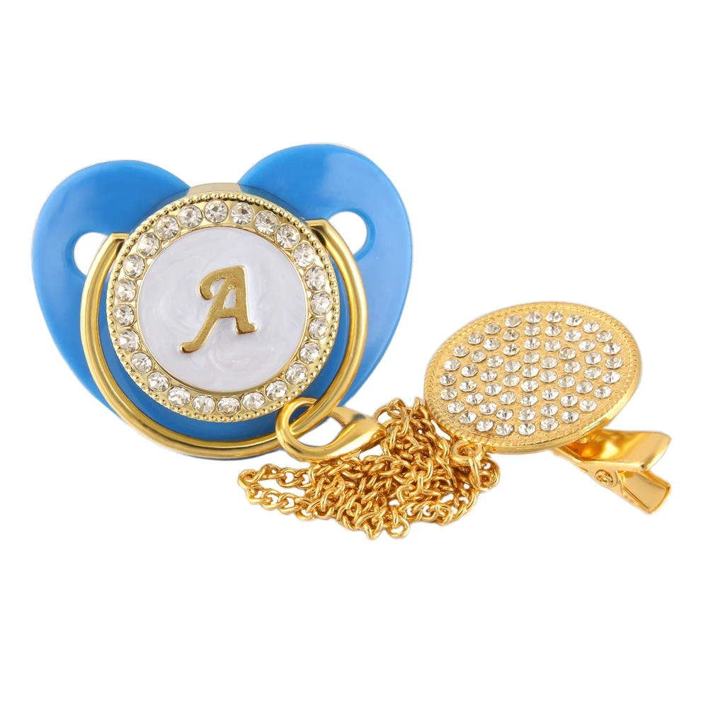 Custom Luxury Baby Pacifier Clip Silicone BPA Free Infant Nipple for Newborn Baby Shower Gold Bling Dummy Holder Soother