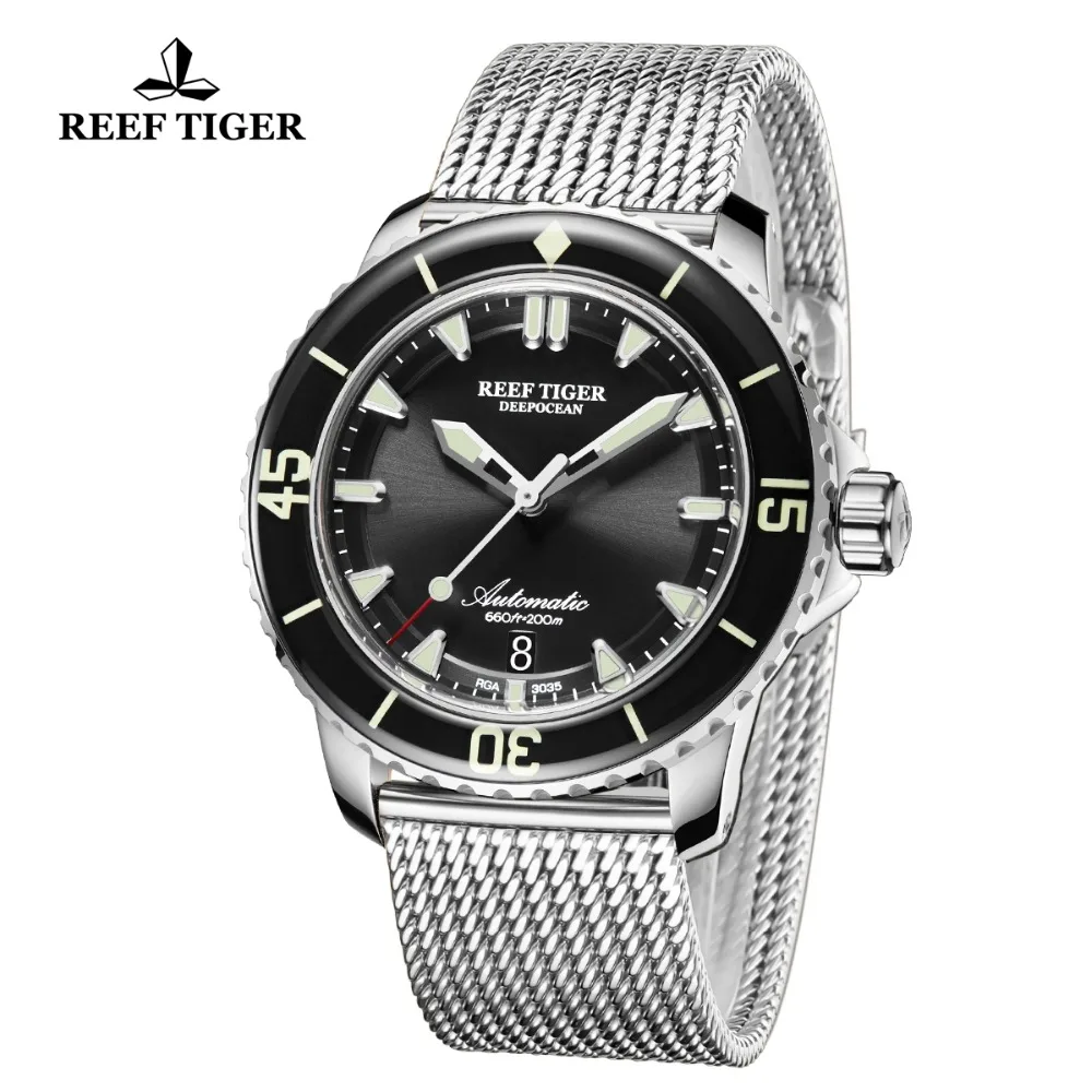 
Reef Tiger Top Brand Mens Mechanical Dive Watches Sapphire Crystal Bracelet Watches Blue Luminous Watch Waterproof RGA3035 