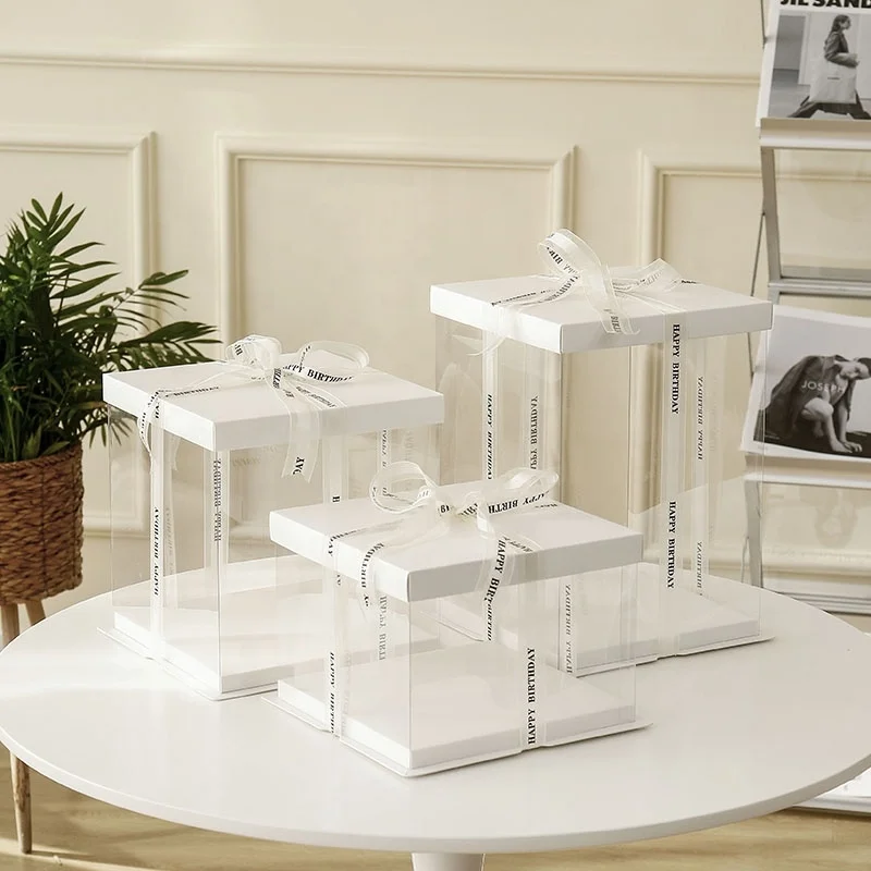 Customize Wholesale Luxury Birthday Tall Transparent Package Clear Cake Box