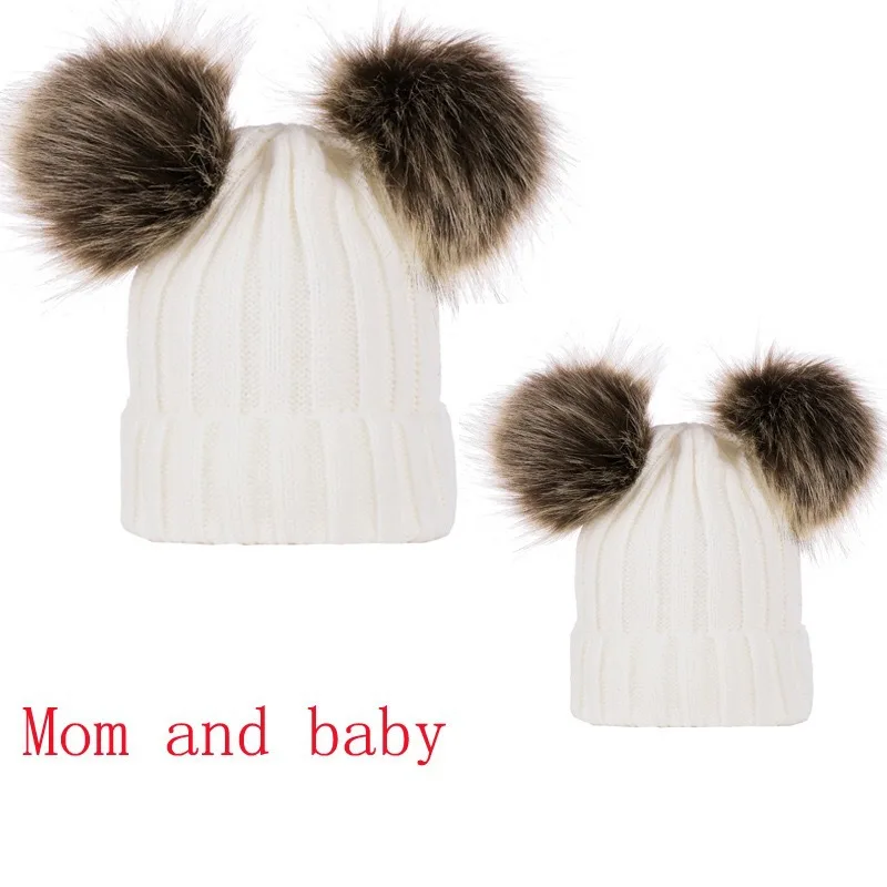 Cute Winter Mom Women Baby Kids Crochet Knitted Hat Fiber Fur Bobble Ball Pompom Beanies Hat