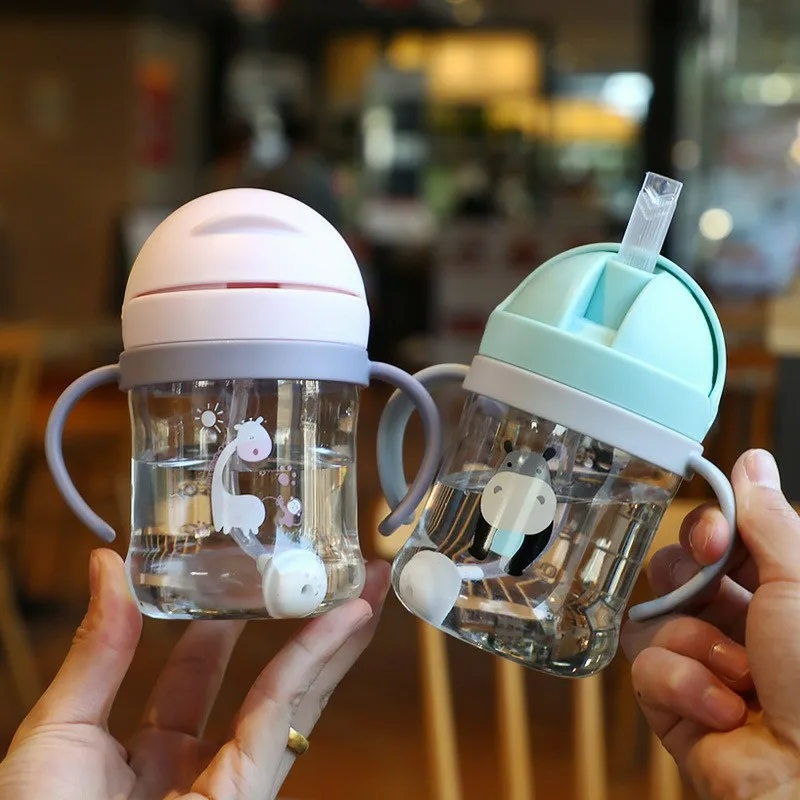 250ML Cartoon Sippy Cups for Toddler and Kids Child Learning Cup Water Bottle with Straw and Gravity Ball Handle Feeding Cup