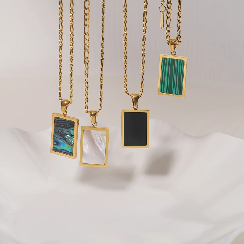 Новая мода ювелирные изделия из нержавеющей стали кольцо 18K позолоченные прямоугольные малахит ожерелье с подвеской