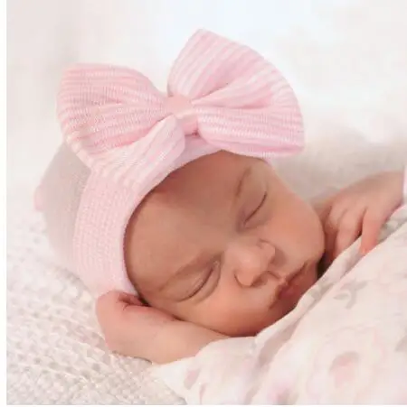 0-3 Months Hospital Newborn Baby Hats Cotton Beanie With Bow Soft Knit Tire Striped Infant Caps toddlers  Photography Hats