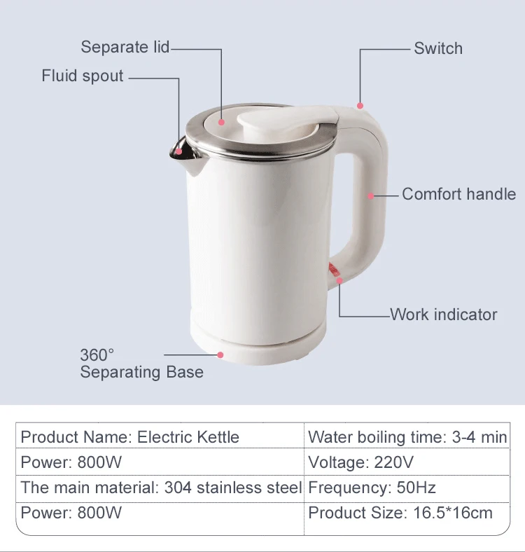 Dual Voltage Travel Water Heating Mini Electric Kettle Cup Heater Portable Stainless Steel Tea Pot Kettle 110V-220V