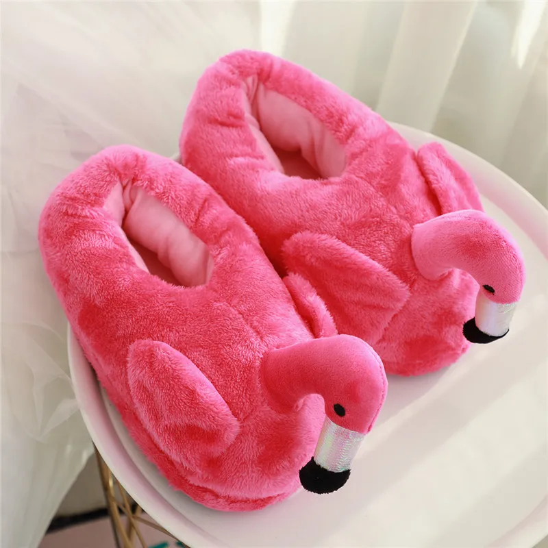 Pink Flamingos Plush Slippers Women Men Cotton Winter Home Animal Slippers
