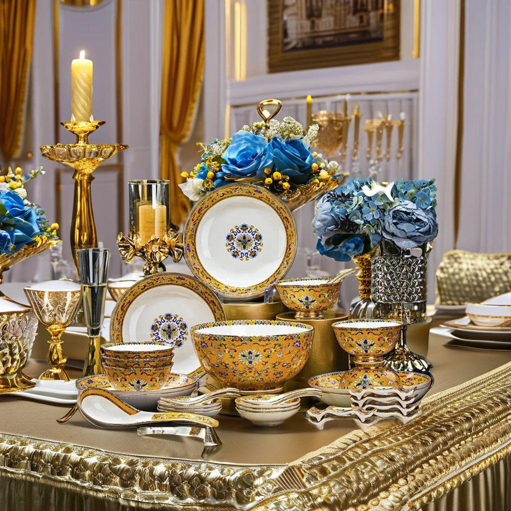 Jingdezhen High-End 38-Piece Classic Bone China Dinnerware Sets Sustainable Business Tableware Palace Style Sustainable Business