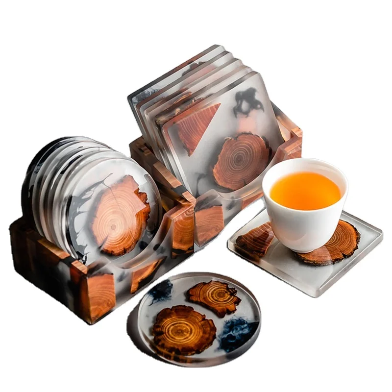 100% Eco friendly Japanese resin tea cup mat creative kungfu tea solid wood Flower Crystal Epoxy Resin Coaster Set