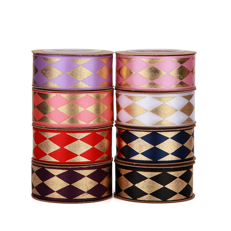 Satin Gold Foil Retro Floral 3 Inch Embossed Floral Logo Flower Business Brand Name  Custom Printed Ribbon