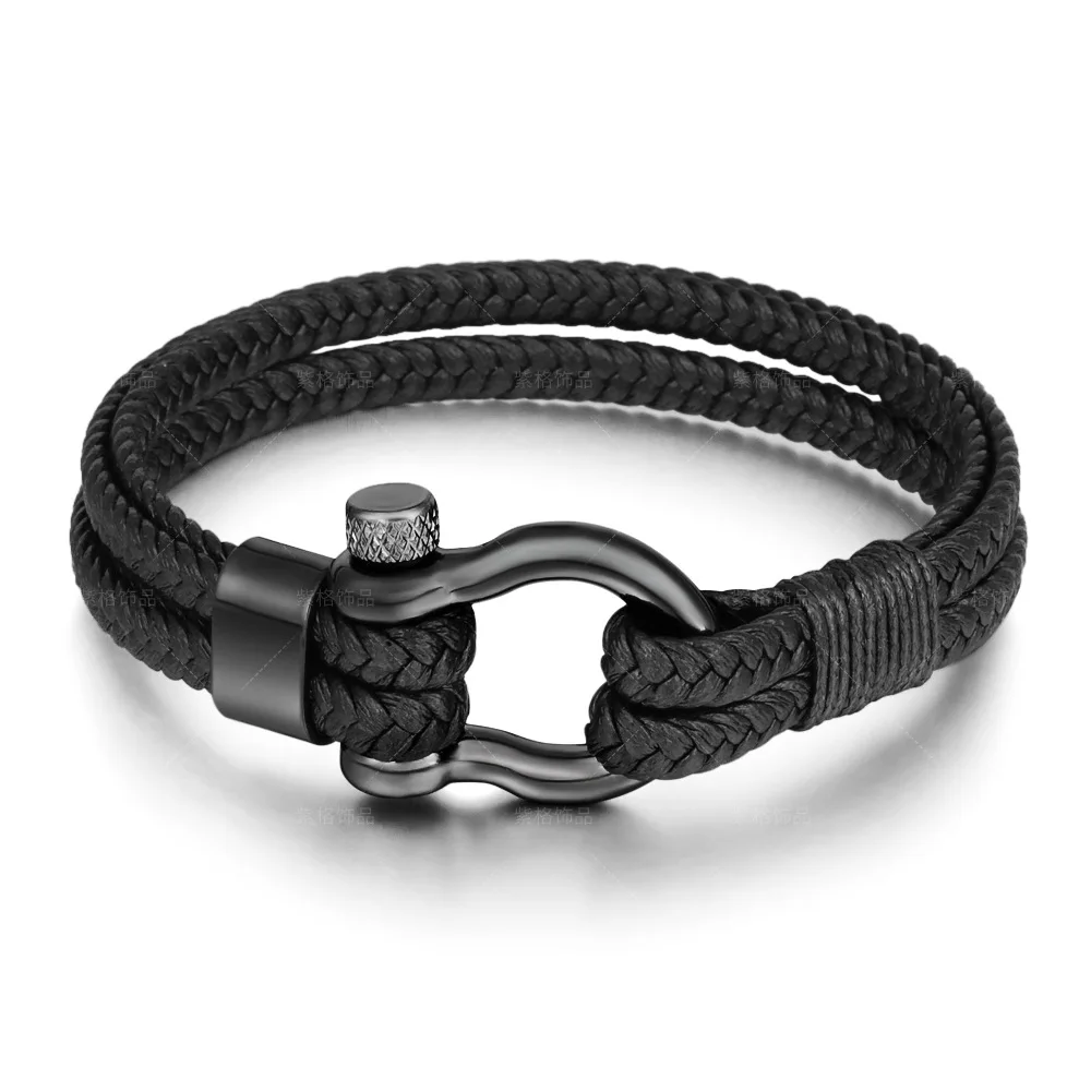 Wholesale High Quality Braided Black Real Cow Leather Rope Mens Stainless Steel Buckle Bracelet