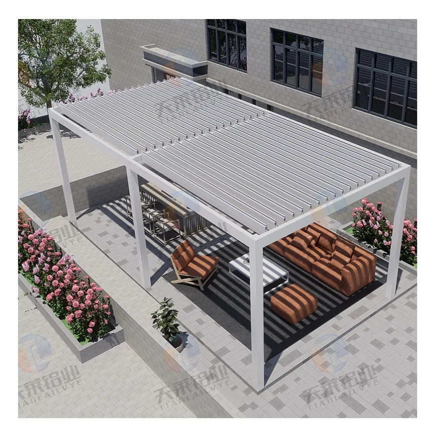 Automatic Electric Louvered Pergola Canopy Modern Design External Pergola Aluminium Outdoor With Motorized Roller Blinds