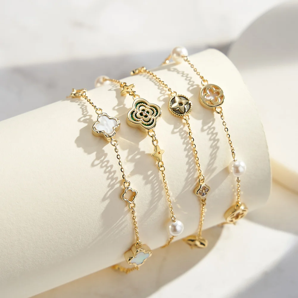GMB65-71 RINNTIN Wholesale 14K Gold Shell pearls Bracelet Latest Girl 925 Silver Jewelry Four Leaf Clover Bracelet For Women