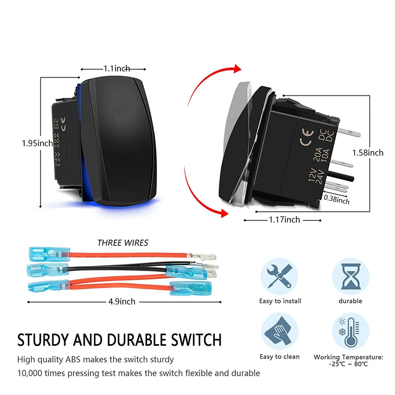 12V 20A / 24V 10A laser driving lights rocker switch for rv utv atv