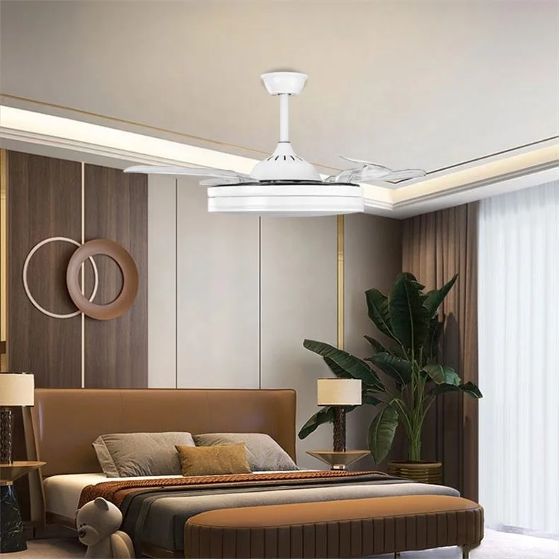 Modern Retractable Ceiling Fans Chandelier 3 Colors Invisible 4 Blades Remote Control Ceiling Fan With Lamp