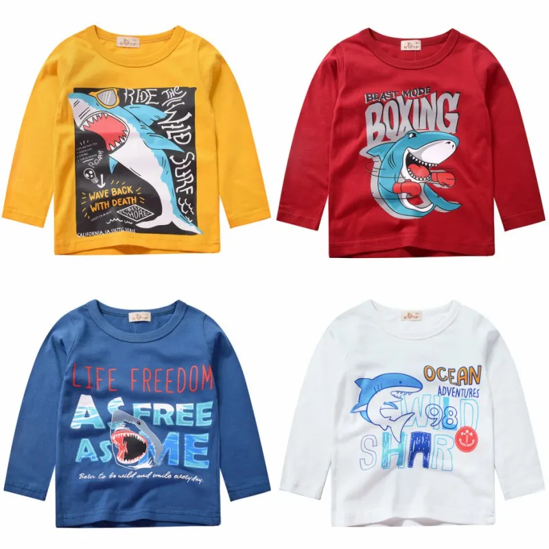 Одежда для маленьких мальчиков, футболка с длинным рукавом и мультяшным принтом акулы, детские яркие футболки для маленьких мальчиков и девочек, хлопковые топы с буквами для малышей