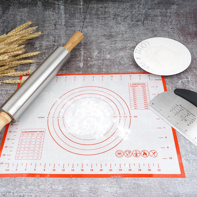 Non Stick Wood Sides Stainless Steel Kitchenware Set Rolling Pin Dough Mat Dough Cutter Roller Pin Baking Bakery Bakeware