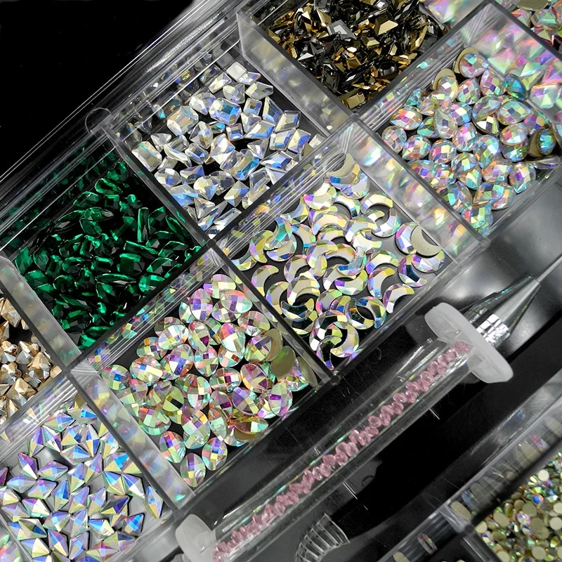 
8000pcs 21 Grid Nail Art Supplies Sticker Jewelry Box Set Shape Crystal Rhinestone Mix Design Nail Art With Wax Pen Tweezers 