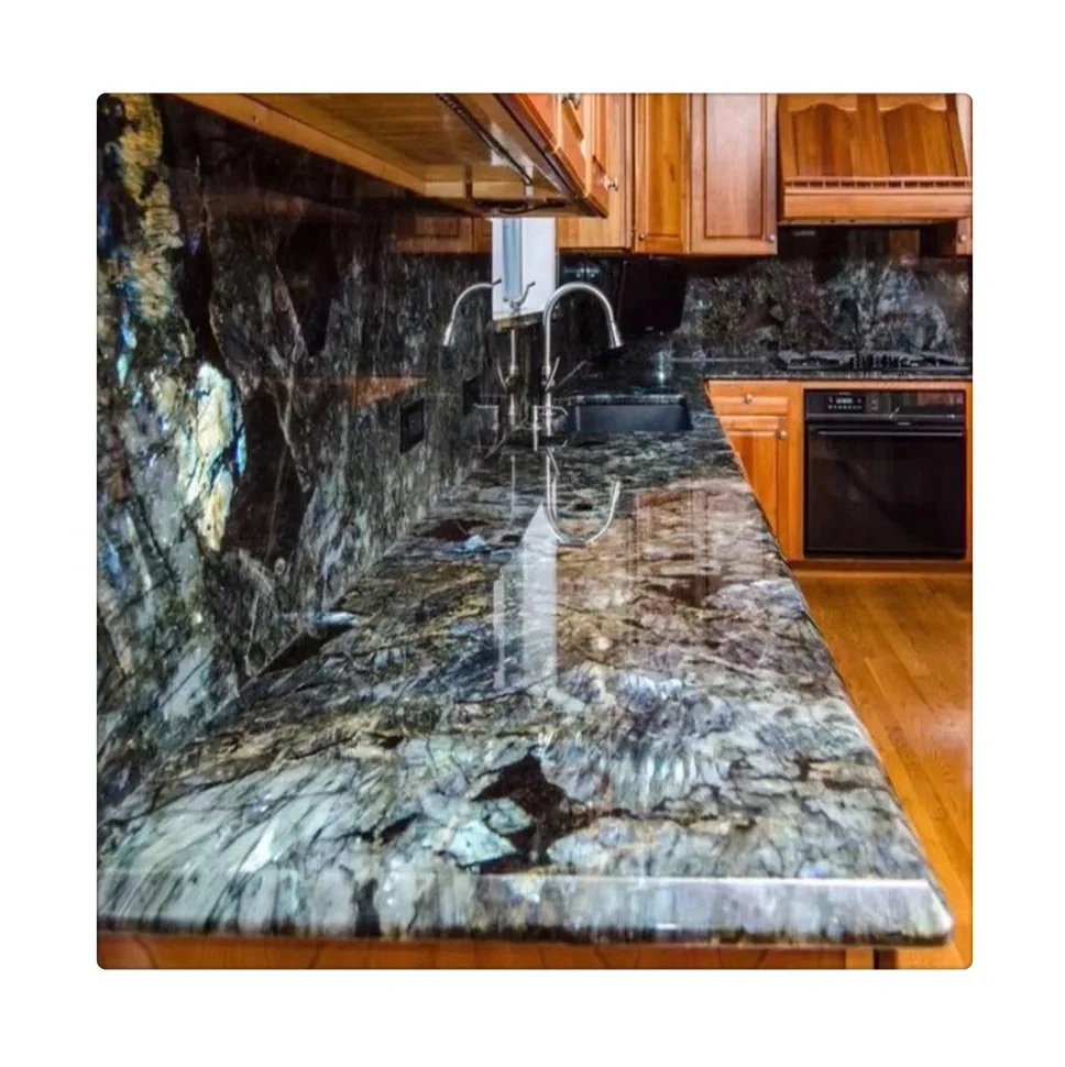 Granite Kitchen Countertops Lemurian Blue stone with customized design