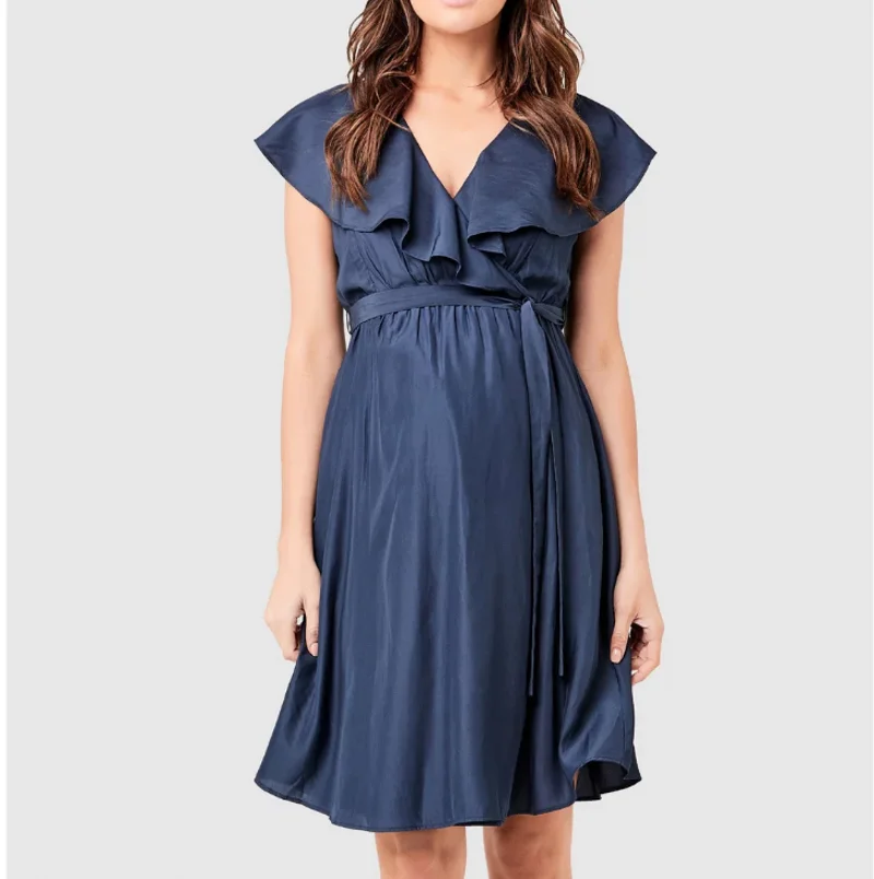 Fashion Women Summer Pregnant Clothing V-Neck Ruffle Sleeveless Knee-Length Casual Blue Maternity Dresses