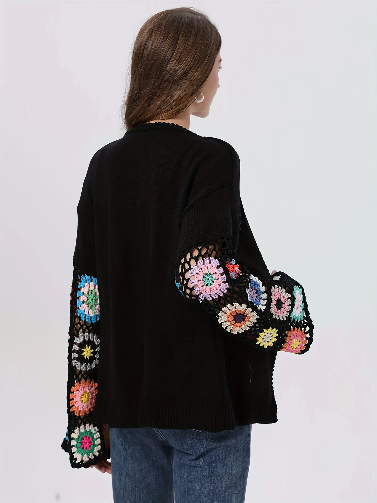 Flared Sleeve Hook Flower Cardigan Sweater For Ladies Casual Style Knit Jacquard Pattern Knitwear