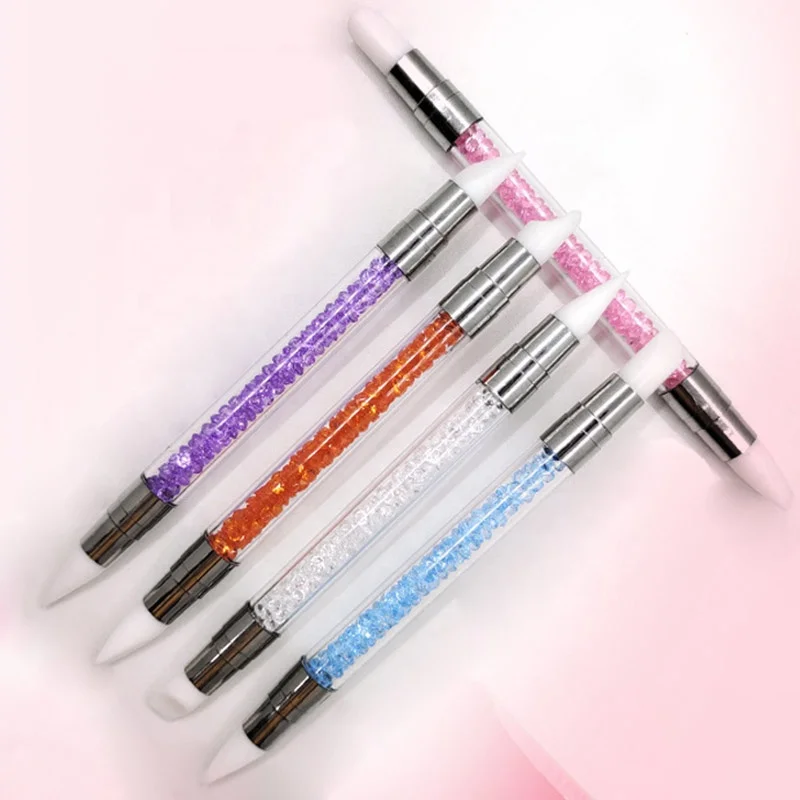 Wholesale two-headed dual tipped nail art silicone pen acrylic rhinestone handle carving brushes sculpture pen