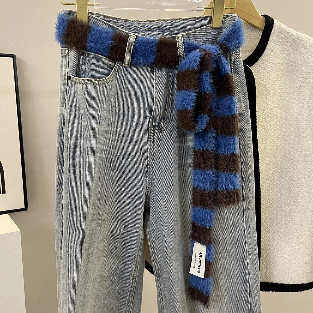 Korean Style Y2K Striped Plush Scarf for Women Autumn Winter Thin Narrow Long Design All-Match Decorative Scarf for Spice Girls