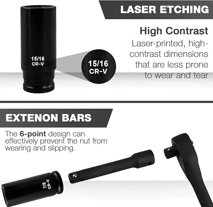 29pcs 1/2-Inch Drive Deep Impact Socket Set Cr-V Steel 10-24mm Universal Joint Adapter and Extension Bar