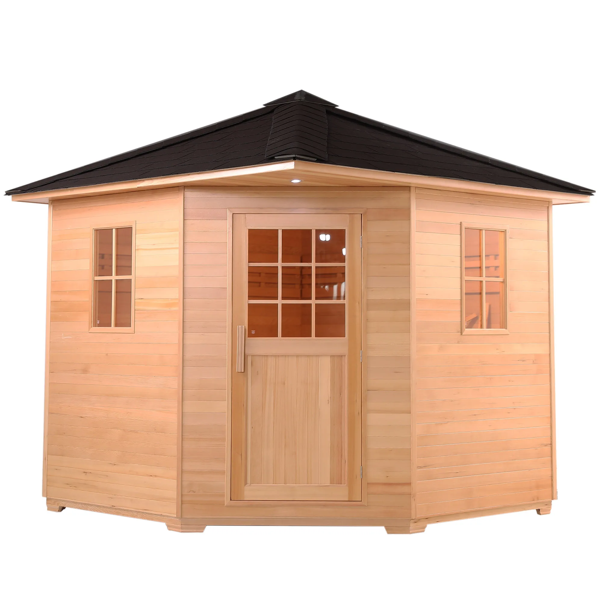 Outdoor traditional sauna wet sauna pentagonal sauna with windows and waterproof tiles for 6-8 people