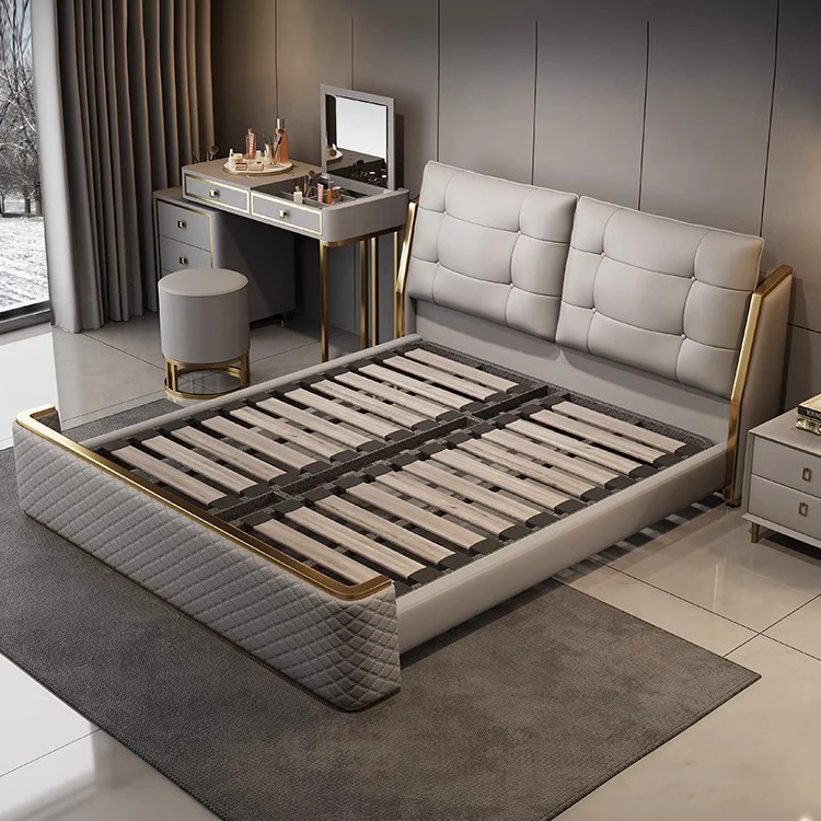 king size Brown leather bed bedroom furniture stainle steel frame master wooden beds villa bed