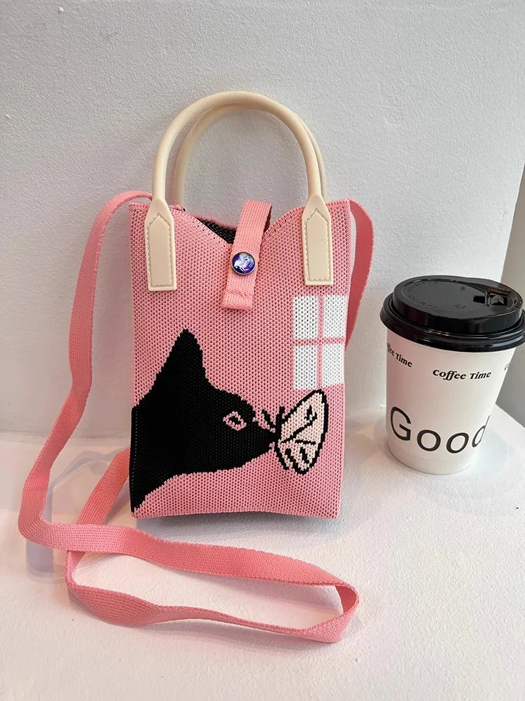 ChanBol New Design Travel Tote Bag Cartoon Cat Outgoing Knitted Crossbody Wallet Tote Bag With Pocket